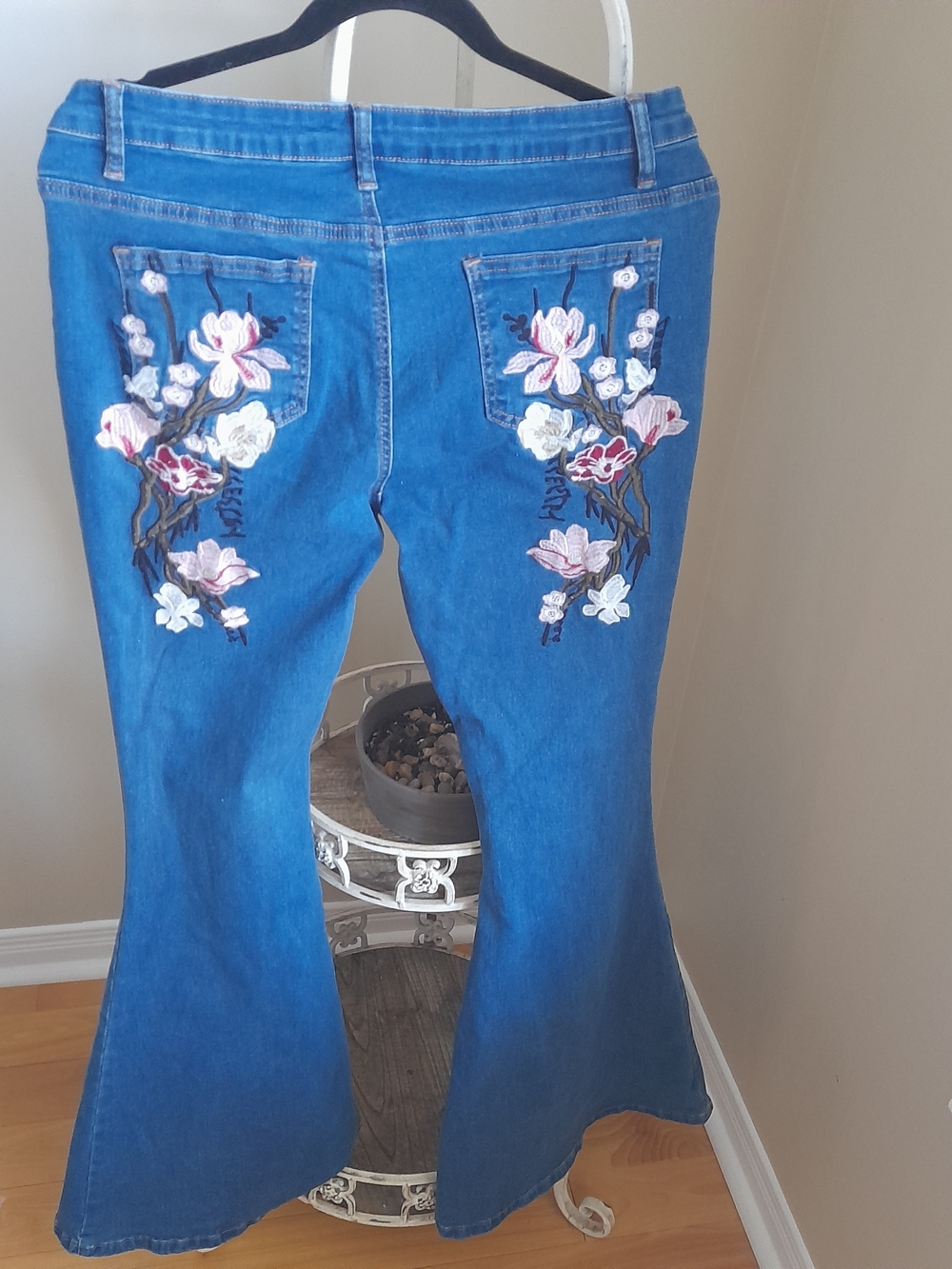 SHEIN Blue Flare Jeans with Pink & White Floral Embroidery